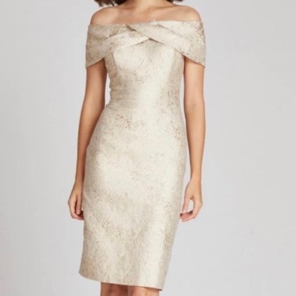 Rickie Freeman for Teri Jon Off-Shoulder Metallic Jacquard Midi Dress